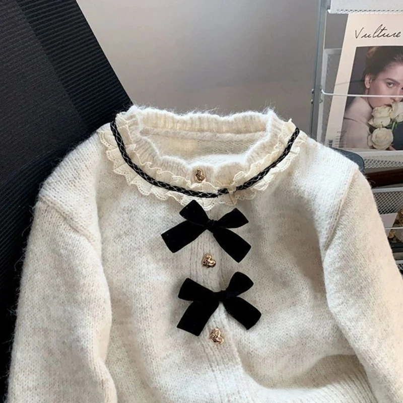 Women Knit Cardigan Sweet Preppy Bow Button Patchwork Spring Autumn O Neck Sweater French Small Fragrance Long Sleeve Chic Tops