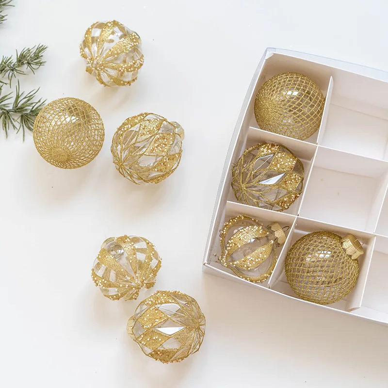 9 Pcs Christmas Decoration 8Cm Christmas Ball White Sequins Champagne Gold Box PET Transparent Painted Ball Tree Decoration