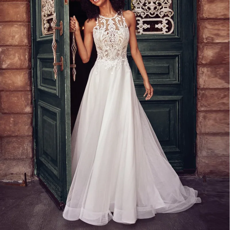 Женское кружевное свадебное платье, элегантное белое платье-футляр с лямкой на шее и вышивкой, свадебное платье