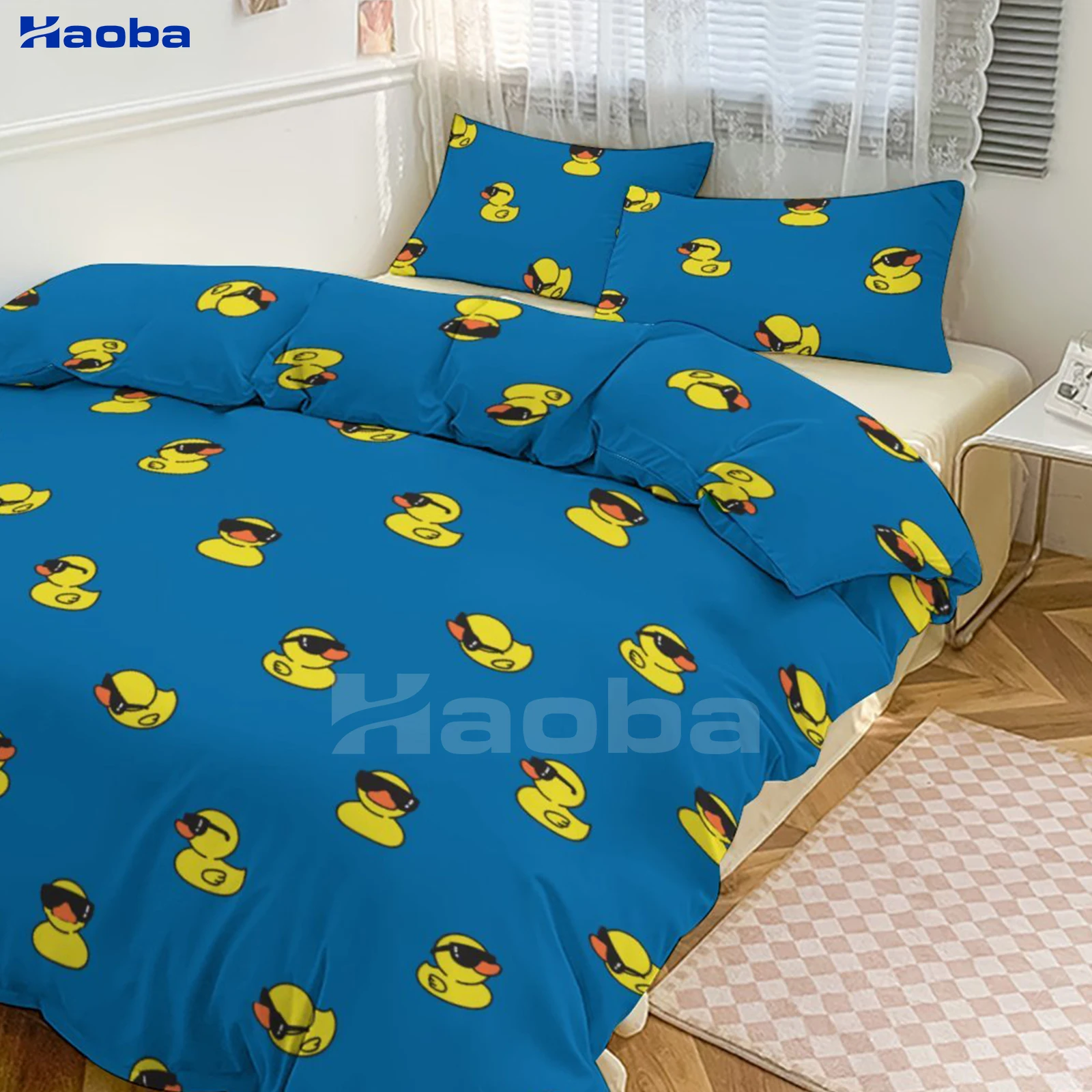 Little Yellow Duck Wearing Sunglass Three Piece Bedding Set Children Adults for Beds Quilt Covers Birthday Gifts for Women Men