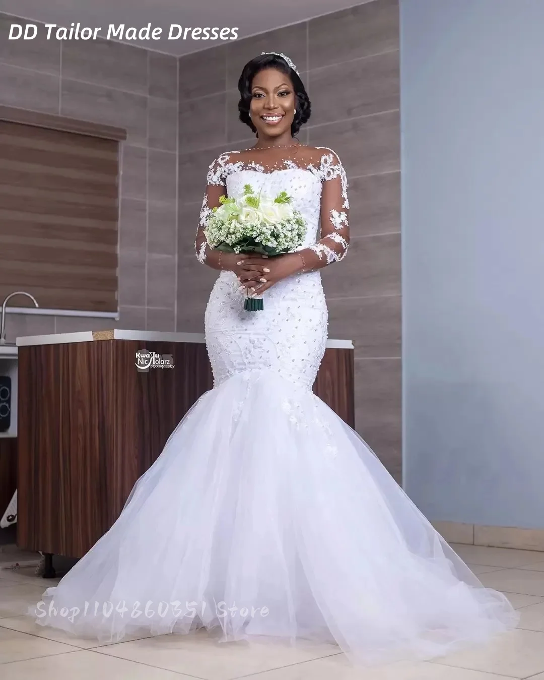 

Elegant Mermaid Wedding Dress Beaded Long Sleeves African Bridal Gown White Vestidos De Novia Customized