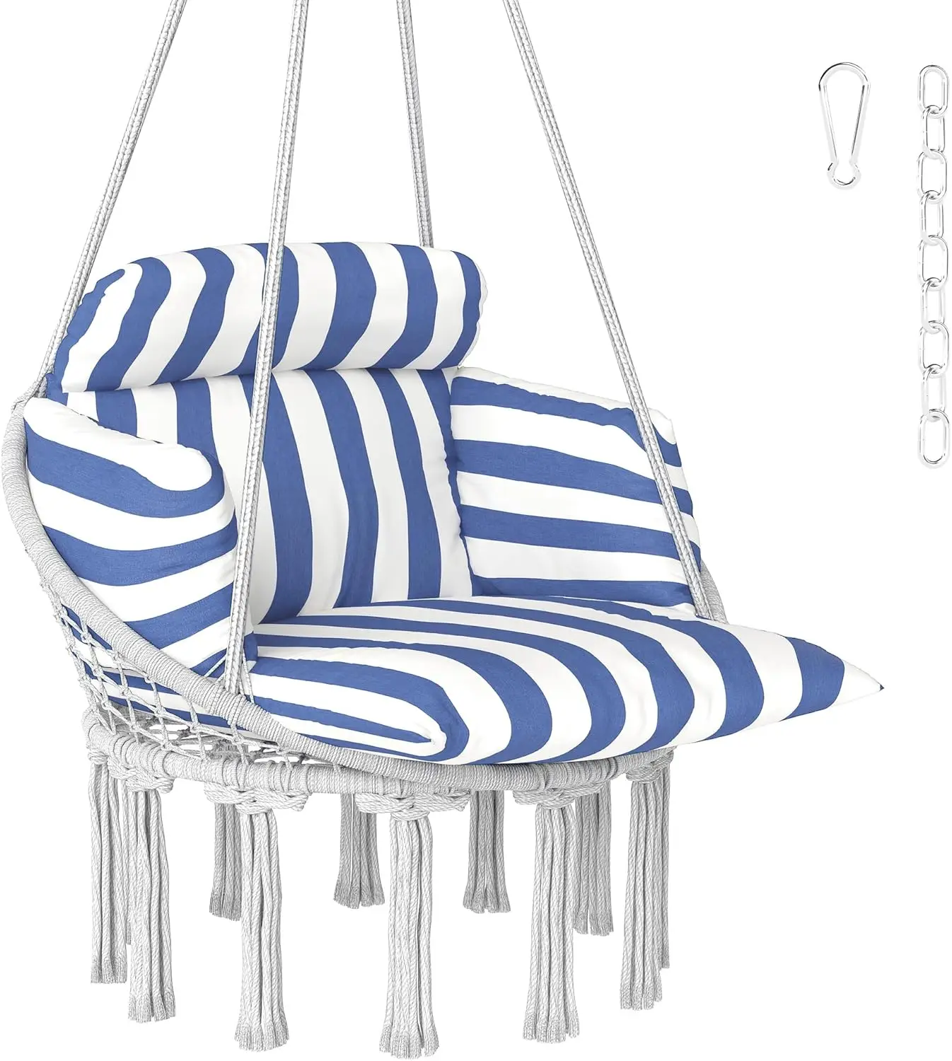 

Outdoor Hanging Chair with Large Cushion, Cotton Rope Weaving Swing for Patio, Balcony, Indoor Use, Blue and White