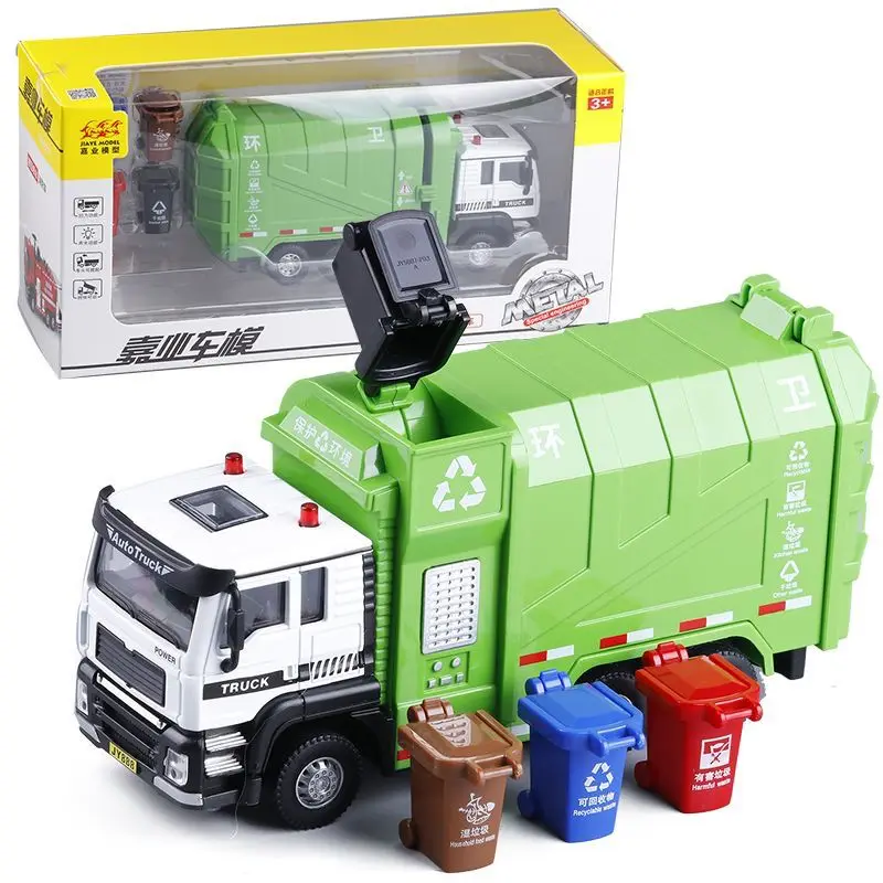 1/32 City Garbage Truck Car Model Diecasts Metal Garbage Sorting Sanitation Vehicle Car Model Sound and Light Childrens Toy Gift