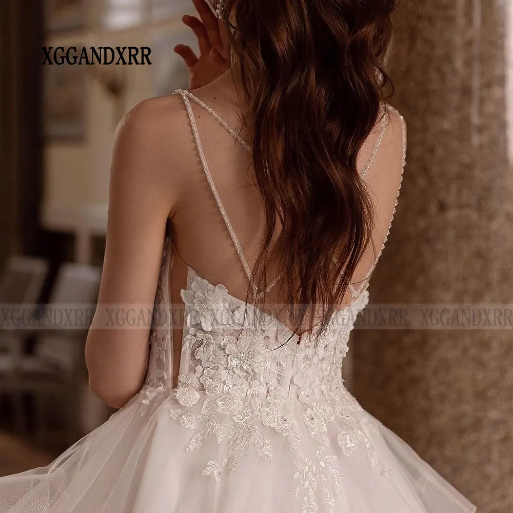 Customized Long Train A Line Wedding Dress 2026 V Neck Spaghetti Bridal Gown Backless Lace Flower Bead White Ivory Bride Vestido