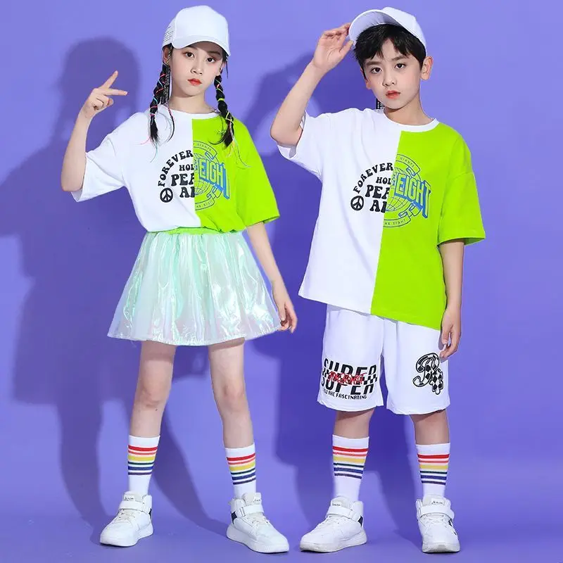 Dziecięce stroje Kpop rave odzież Hip hopowa zielone koszulki letnie szorty Cargo Streetwear dla dziewczynek chłopięce kostium taneczny