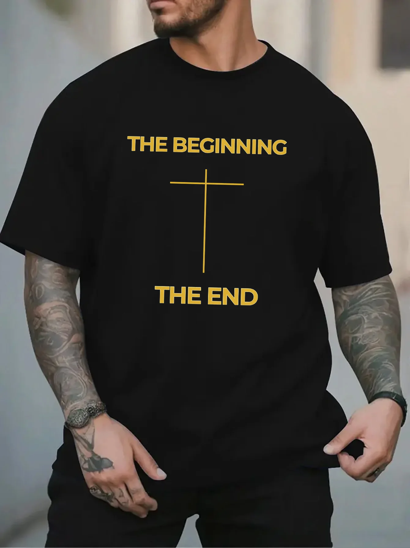 Fashion Mens Black Basic Tee Minimalist Golden Christian Cross The Beginning The End Faith Belief Casual Short Sleeve Shirts