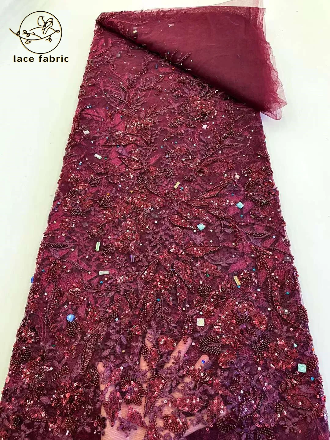 Wine Red African Big Stones Lace Fabric 2023 High Quality Nigerian French Groom Tulle Lace Material For Wedding Party Dress