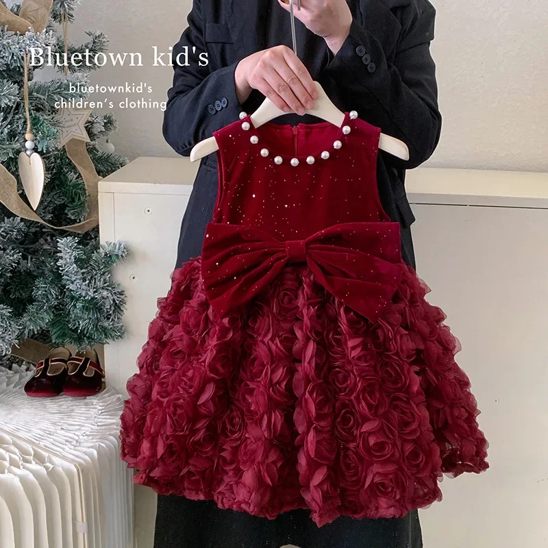 Girls Autumn and Winter New Velvet Western Style Three-Dimensional Flower Pearl Bow Red Princess Dress