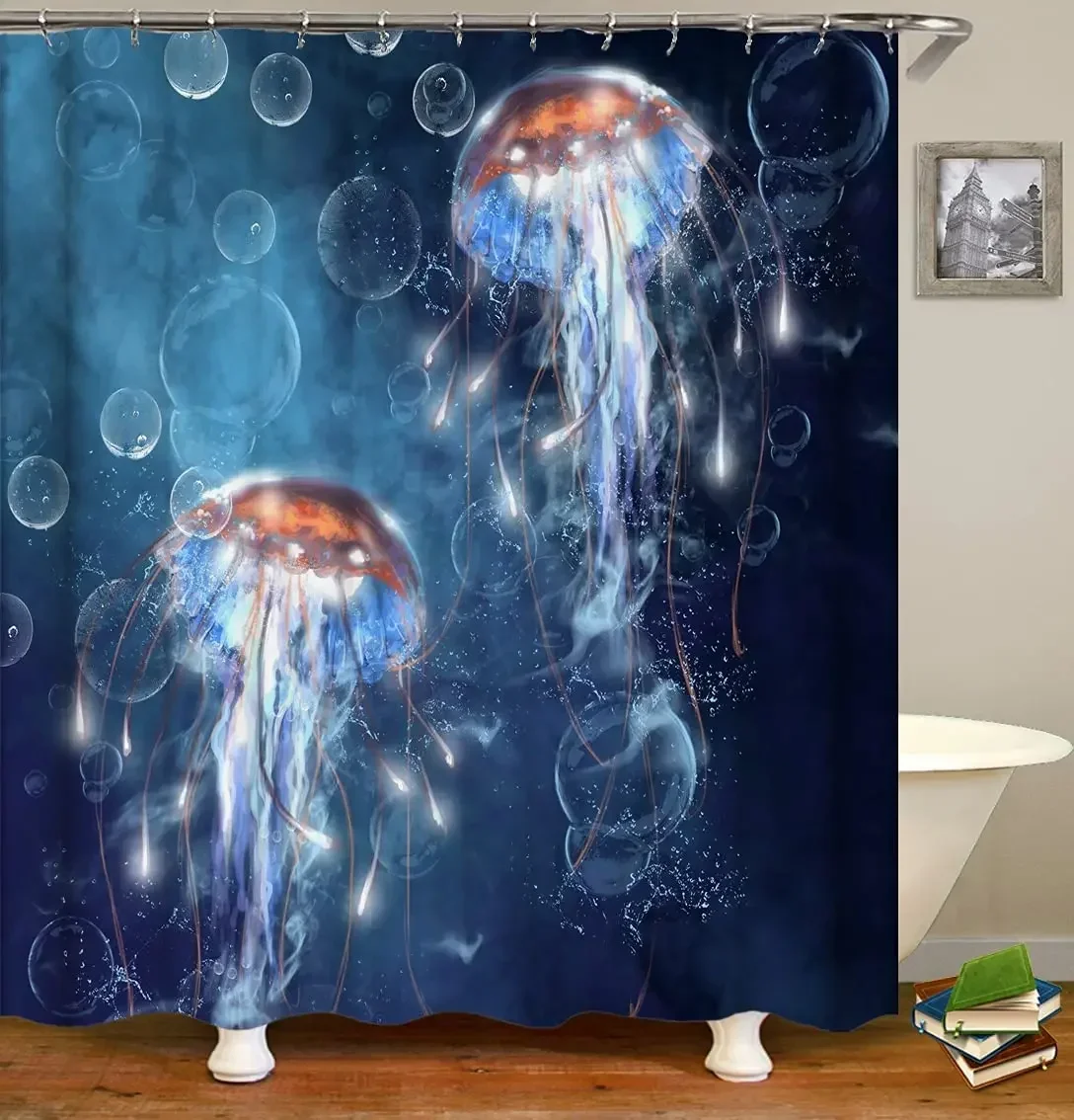 Ocean Jellyfish Shower Curtains Fabric, Jellyfish in The Deep Ocean, Foamy Dreamy Blue Ocean Polyester Cloth Print Bath Curtains