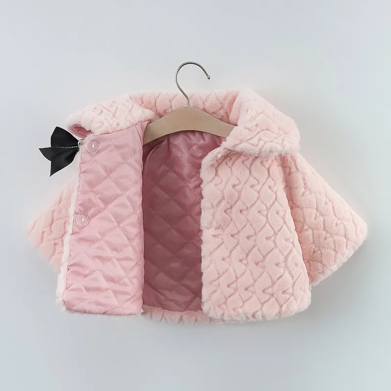 New Faux Fur Plush Girls Baby Jacket Keep Warm Outerwear Fashion Bow Little Princess Christmas Birthday Party Coat Kids Clothing