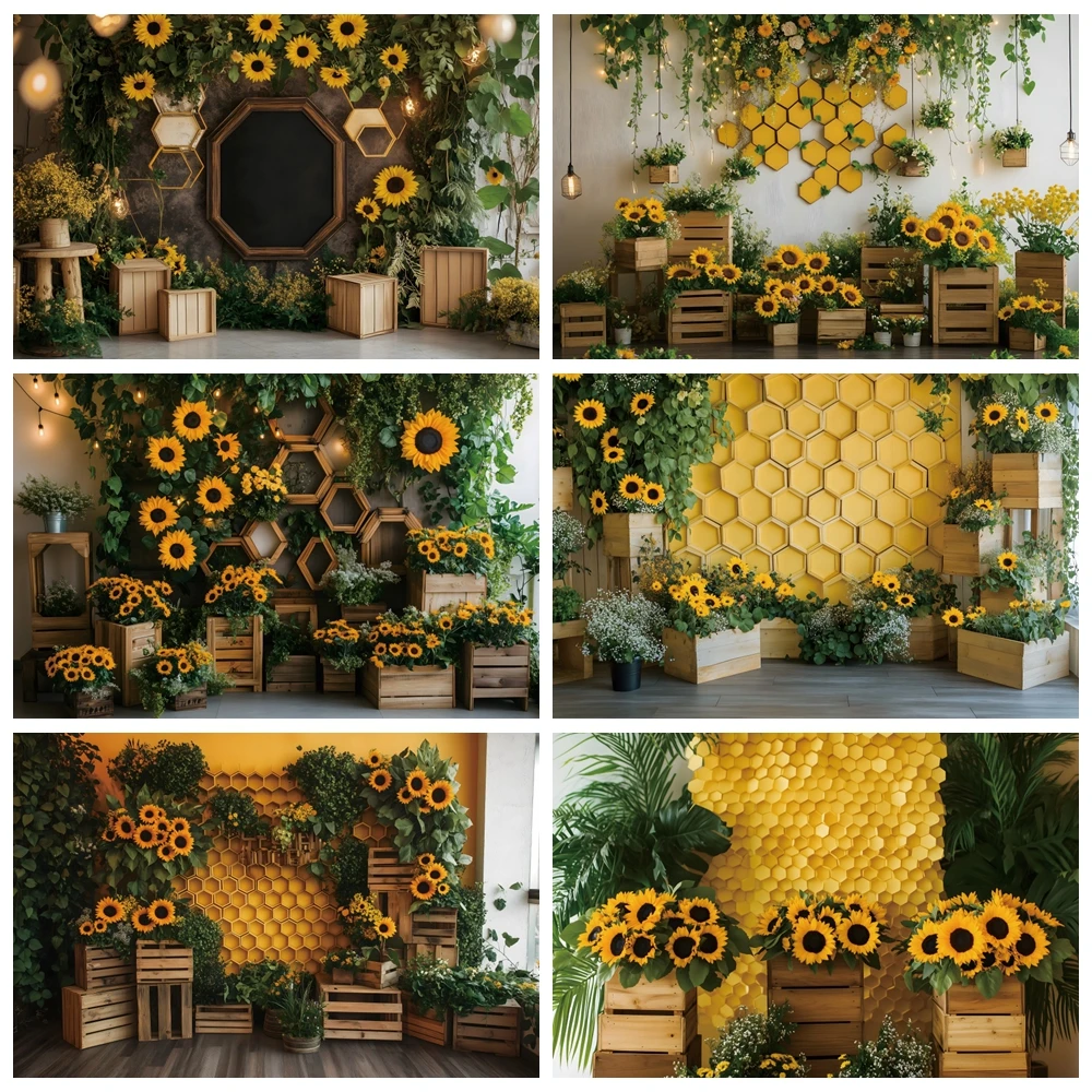 Rustic Wooden Board Sunflower Green Grass Backdrop Sweet Honeycomb Girl Birthday Bridal Shower Wedding Photography Backgrounds