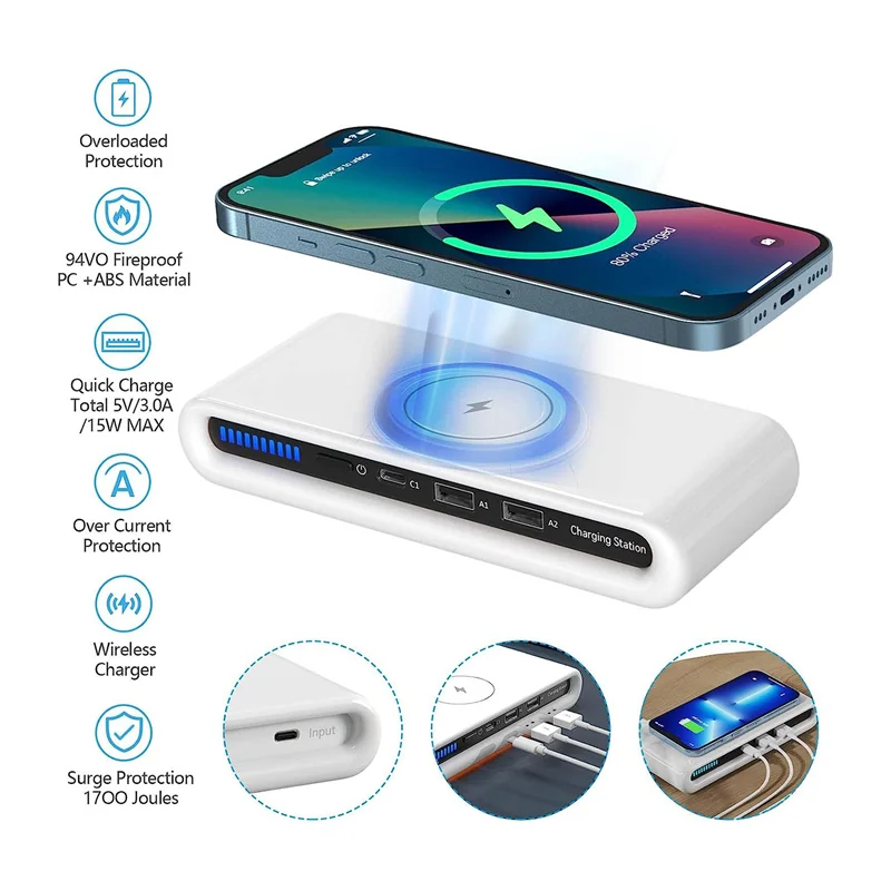 ABEP-Portable Wireless Charger, 4-In-1 Multiport Wireless Charger Qc3.0 Fast Charge Dual USB Wireless Charger for Home Trave