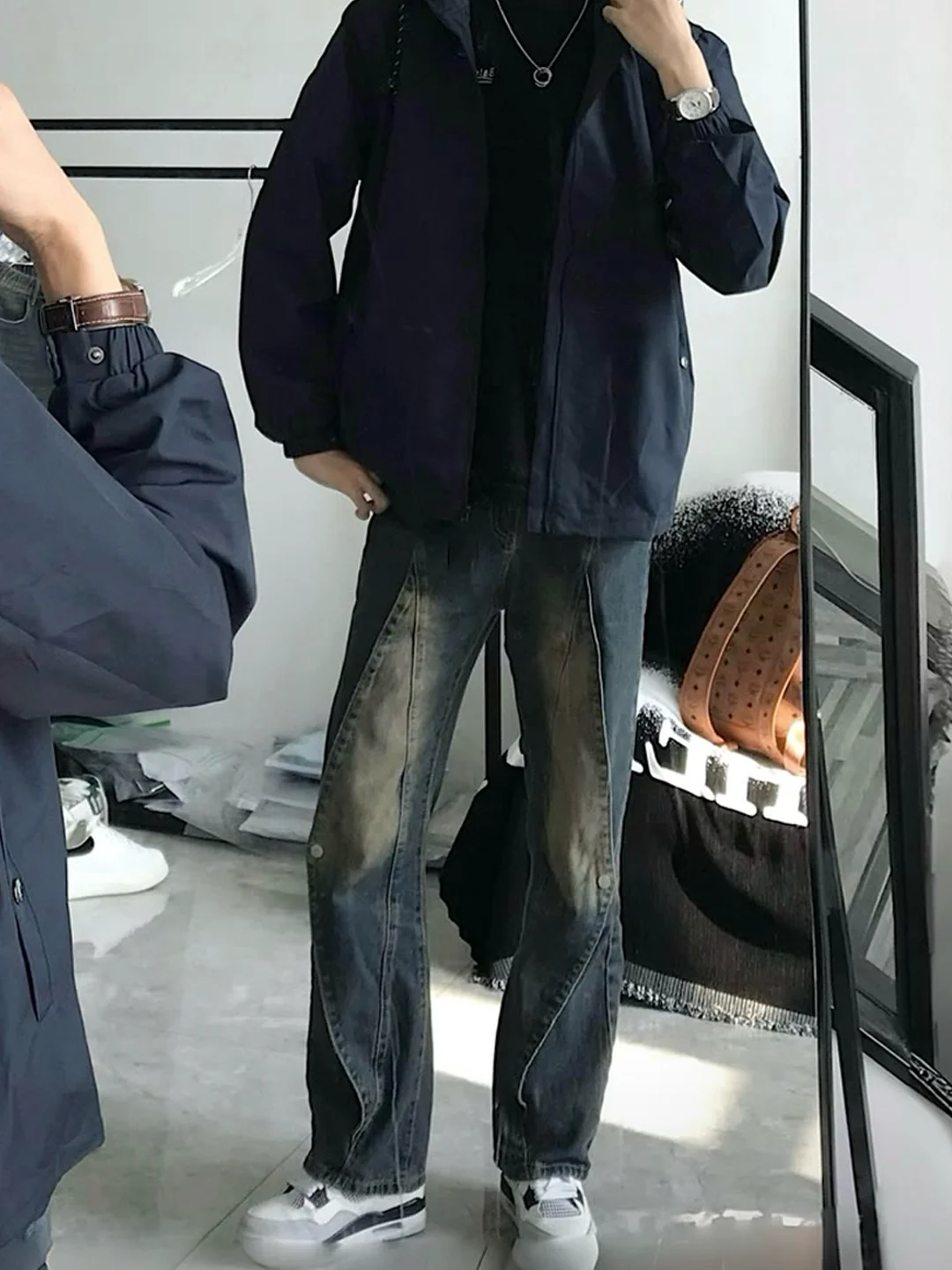 

Retro American Workwear Jeans Men's High Street Patchwork Loose Long Trousers Trendy Brand Youth Casual Wear All Seasons