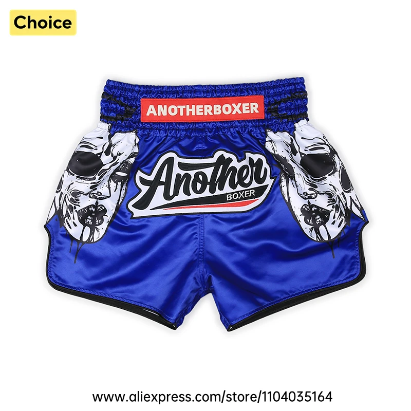 Blue Satin Muay Thai Pants Comfortable Boxing Shorts Skull Sublimation Lightweight Kickboxing Fight MMA Sparring Training Trunks