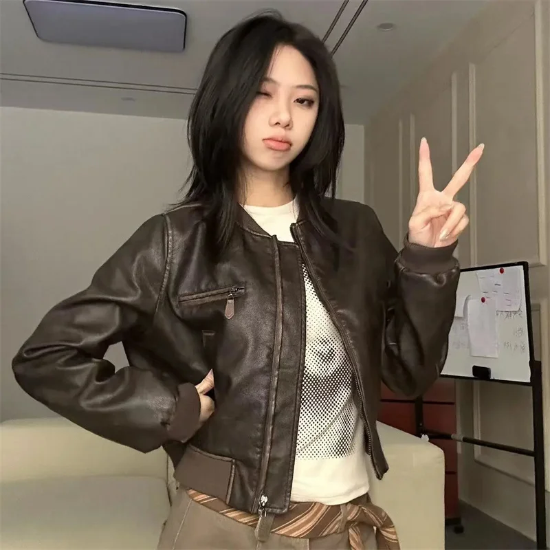 

Handmade Brushed American Short Motorcycle Leather Jacket, Autumn Women's New Retro Lad Jacket, Leather Jacket, Versatile Top