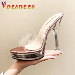 Summer 13CM High Heels Pumps Women Crystal Thin Heel Sandals Sexy Transparent Platform Antiskid Slippers Versatile Models Shoes