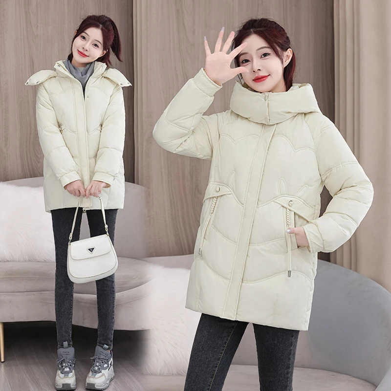 신상 여성 겨울 면 패딩 재킷 중간 길이 파카 긴 소매 후드 두꺼운 따뜻한 루즈 캐주얼 소녀 핑크 아우터웨어 시크 디자인