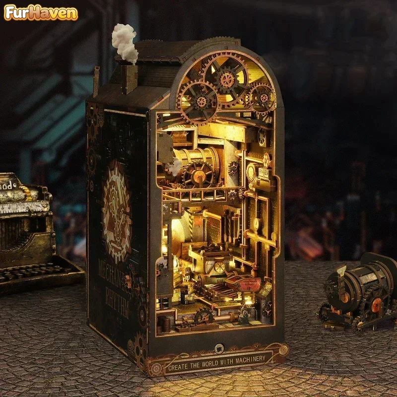 DIY Wooden Mechanical World with Light Book Nook Shelf Insert Miniature Model Kits Bookshelf Bookend for Friends Birthday Gifts