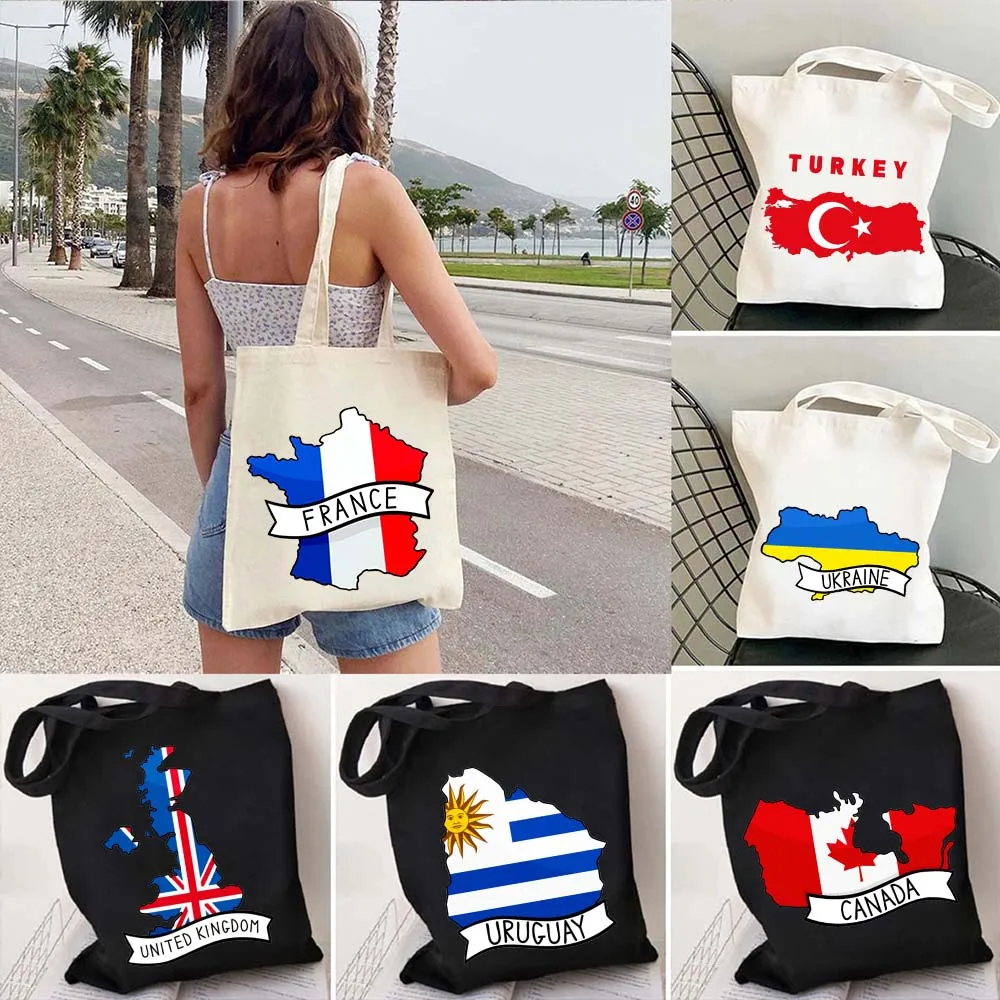 Ukraine Spain Portugal Switzerland Canada Turkey Haiti Kenya Poland France UK Peru Serbia Canvas Shopper Tote Bag Cotton Handbag