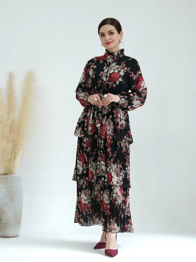 Eid Muslim 3 Layers Cake Pleated Dress Women Floral Print Abaya Jalabiya Lace-up Morocco Party Dresses Kaftan Vestidos Long Robe