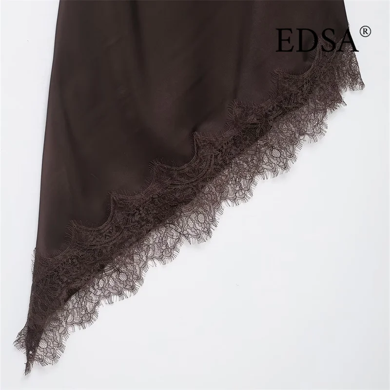 EDSA Minivestido asimétrico de encaje satinado para mujer con tirantes finos ajustables con cuello en V Vestidos cortos sin mangas de verano