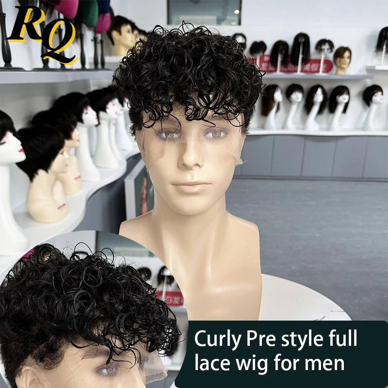 Pre Cut Curly Styled Full Lace Wig For Men Transparent Lace Male Wigs Hair Toupee Replacement Mens Hair System Pre Style Wig