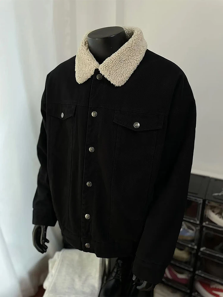

Men's Bla Lamb Fur Jaet Winter Thiened Fce Warmth Cotton Denim Workwear American Sle Casual Long Sve Coat