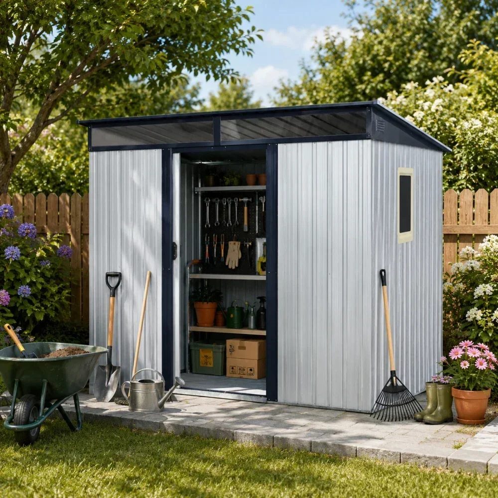 8 ft x 6 ft Outdoor Metal Storage Shed with Window and Transparent plate for Garden, Lawn (White and Black)