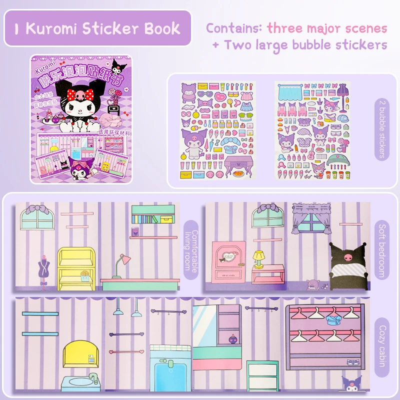 Sanrio New Creative Sticker Book Kawaii Quiet Book Bubble Scene Sticker Book Girls Handmade Gift Toys