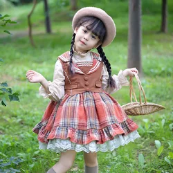 2024 Spanish Dress Sets for Girls Kids Girl Turkish Style Plaid Dresses +Blouse + Sweater Children Outdoor Clothes From 2Y-10Y