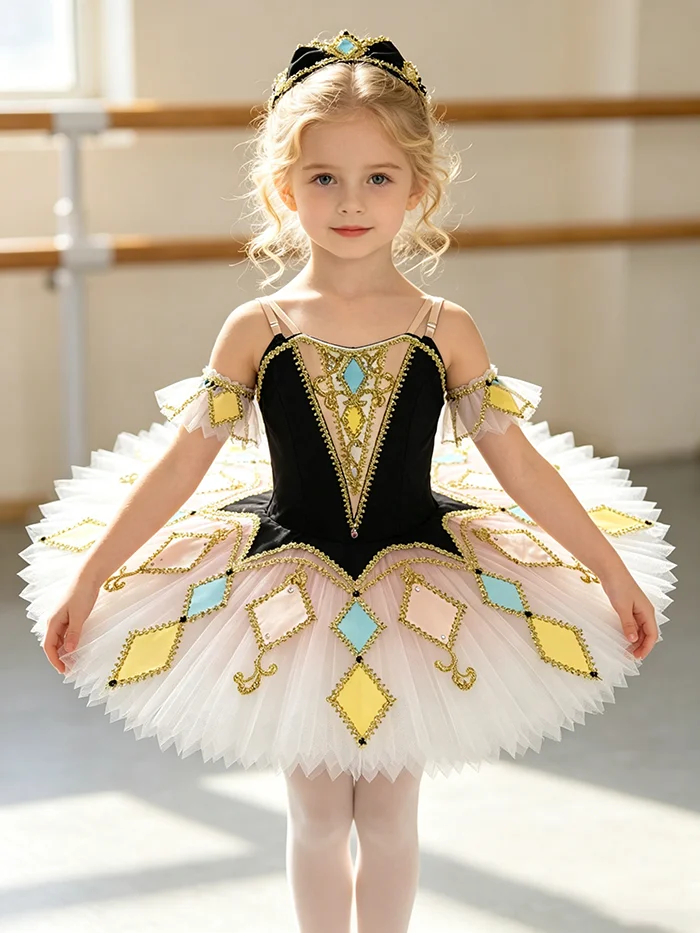 Women thin strap pointed V neck ballet tutu performance dress rhinestone gilded geometric diamond patchwork black light pink con