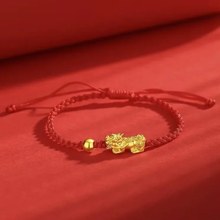 9999 real gold 24K yellow gold Cai Pi Xiu Bracelet Benmingnian Red Rope Bracelet