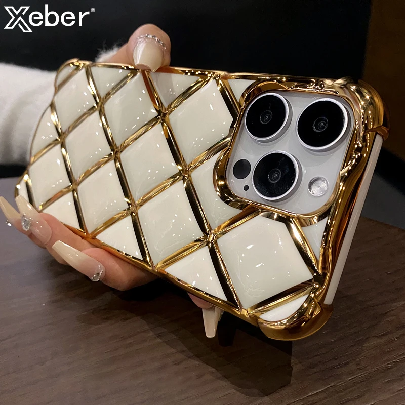 Luxury Plating Diamond Lattice Grid Shockproof Phone Case for iPhone 16 14 11 12 13 15 Pro Max Soft Silicone Plated Gold Cover