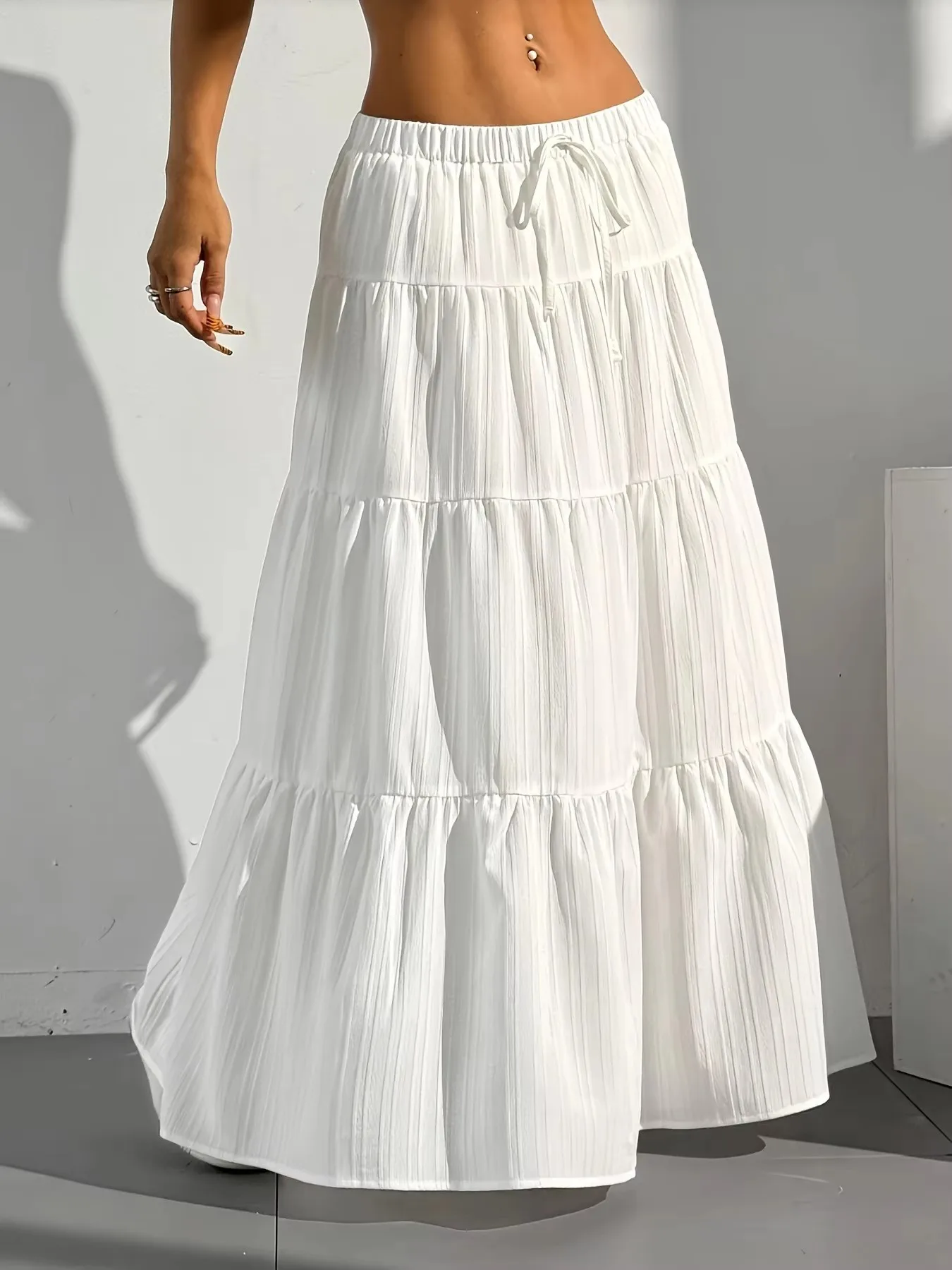 New Solid  Women's Skirts Spring  Summer Tie-strap Spliced Flared Skirts Loose Long A-Skirt Female