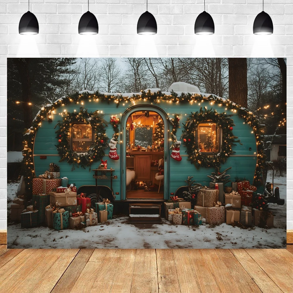 Winter Snowy Bus Christmas Background Photography Camping Forest Xmas Trees Kids Family Portrait Christmas Backdrop Photo Studio