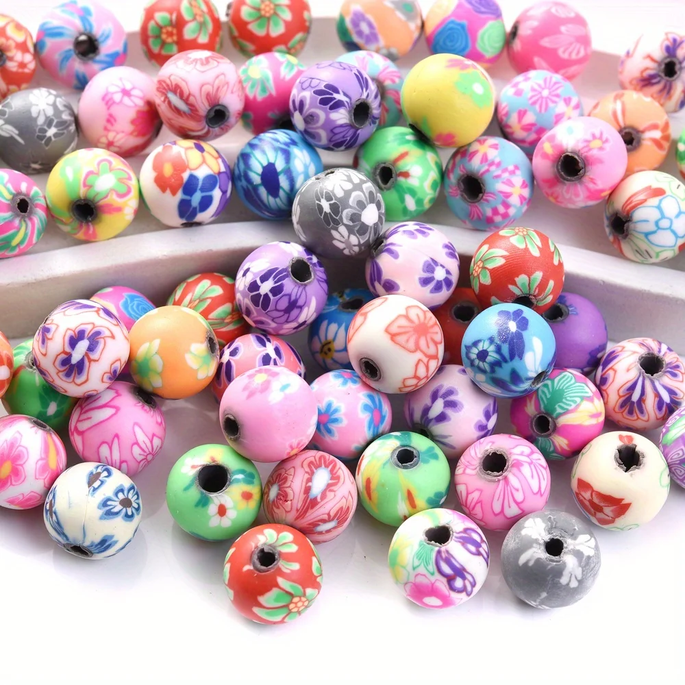 iYOE 30/50pcs Polymer Clay Bead 6/8/10mm Flower Pattern Printing Round Spacer Bead for Jewelry Making DIY Handcraft Accessories