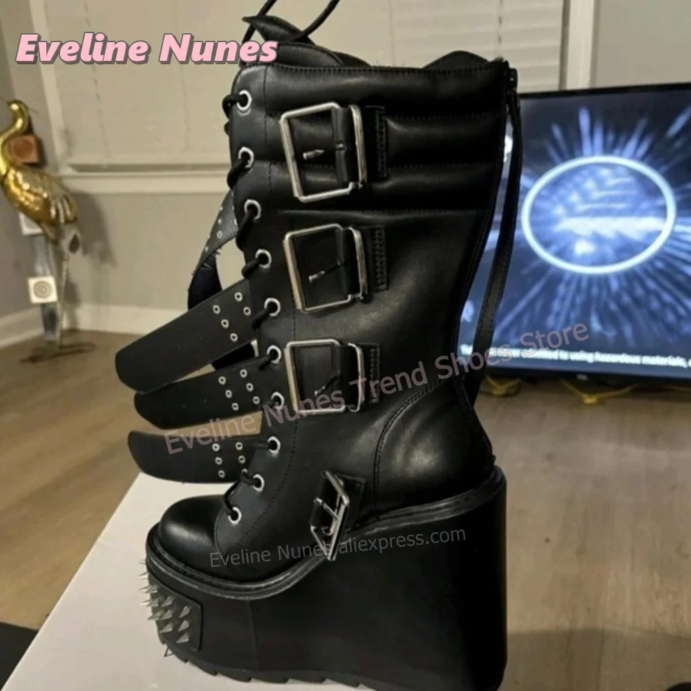 Women Punk Spiked Platform Mid Calf Boots Multi Buckle Metal Spike Chunky Shoes Goth Rock Booties for Halloween Cosplay Party