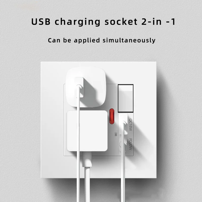 International universal five-hole socket with smart dual usb Type-C20W, fast charging wall usb C power socket panel AC110V-250V