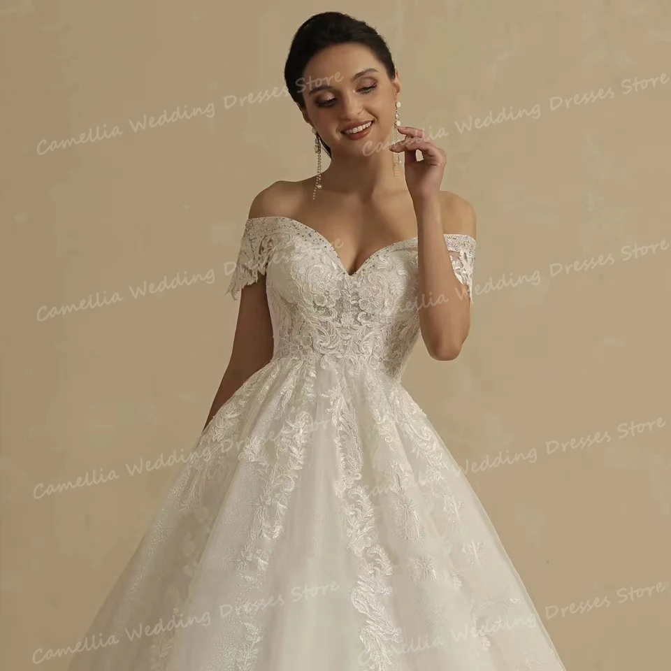 2024 Elegant Wedding Dresses A Line Sexy Lace Up Women's Bridal Gowns Appliques Off The Shoulder Sleeveless Sweep Train Vestidos