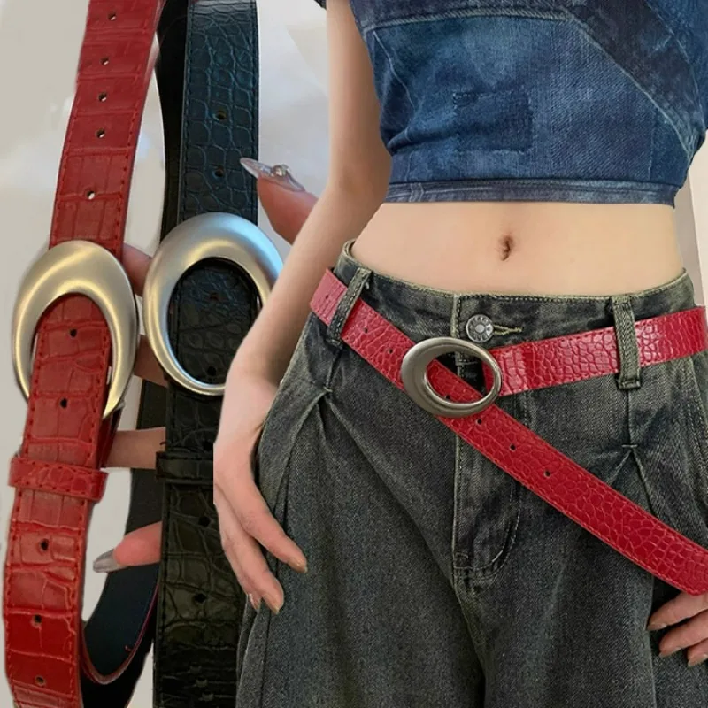 Vintage American Belt Crocodile Lines for Women Men Fashion Pu Leather Punk Metal Buckle Jeans Pants Advanced Red Waist Belts