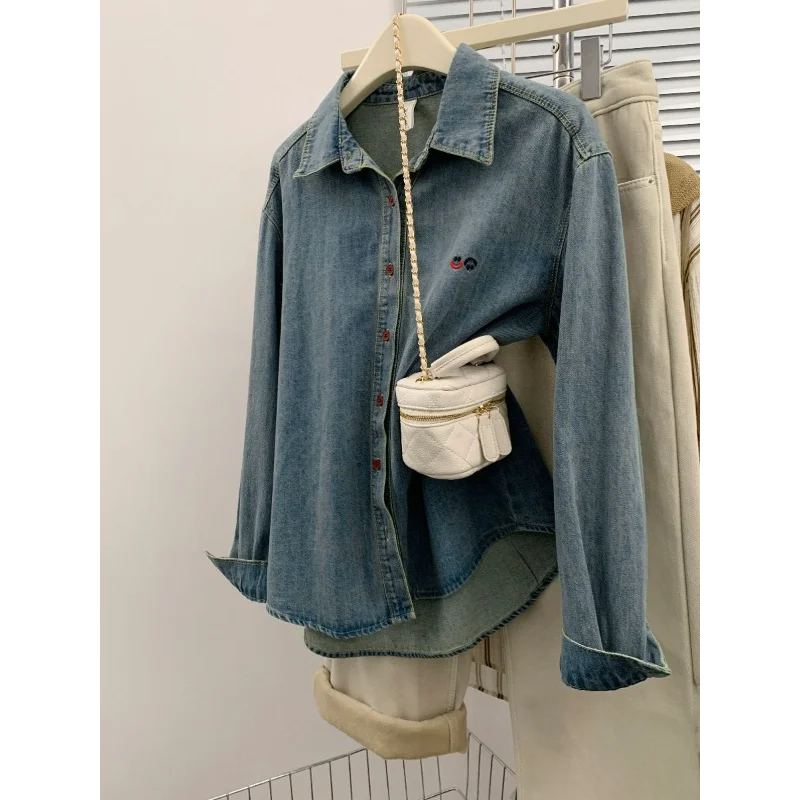 

Retro Blue Fashion 2025 Small Loose High-end Long-sleeved Denim Shirt Jacket