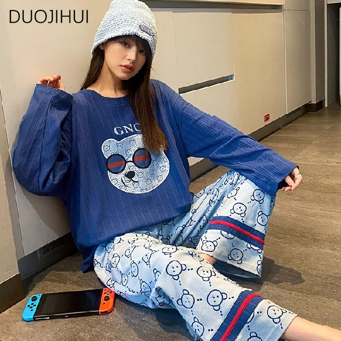 DUOJIHUI-Pyjama Deux Pièces pour Femme, Décontracté, Maison, Classique, Col Rond, Pull, Pantalon, Mode, Imprimé, Printemps