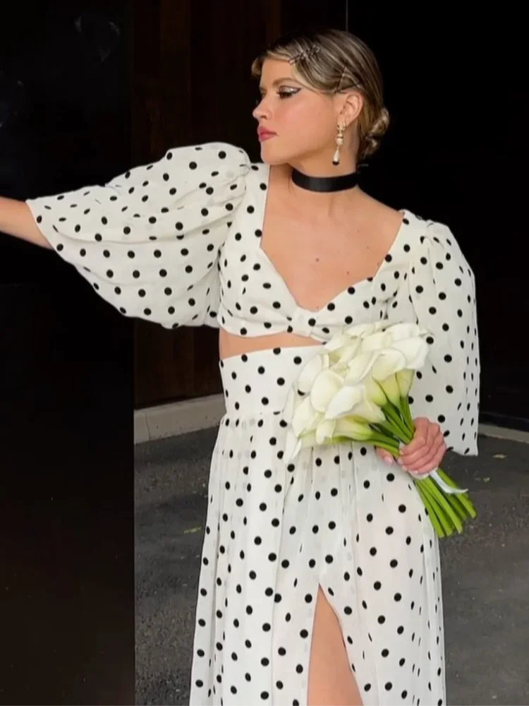 

New Polka Dot High Slit Pleated Long Skirt Set Women Chic V-neck Lace Up Puff Sleeve Short Tops Suit Summer Lady Elegant Outfit