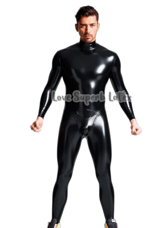Herren-Latex-Catsuit mit langen Ärmeln und Reißverschluss hinten, eng anliegender Bodysuit, handgefertigt, Gummi-Clubwear, Cosplay, Halloween