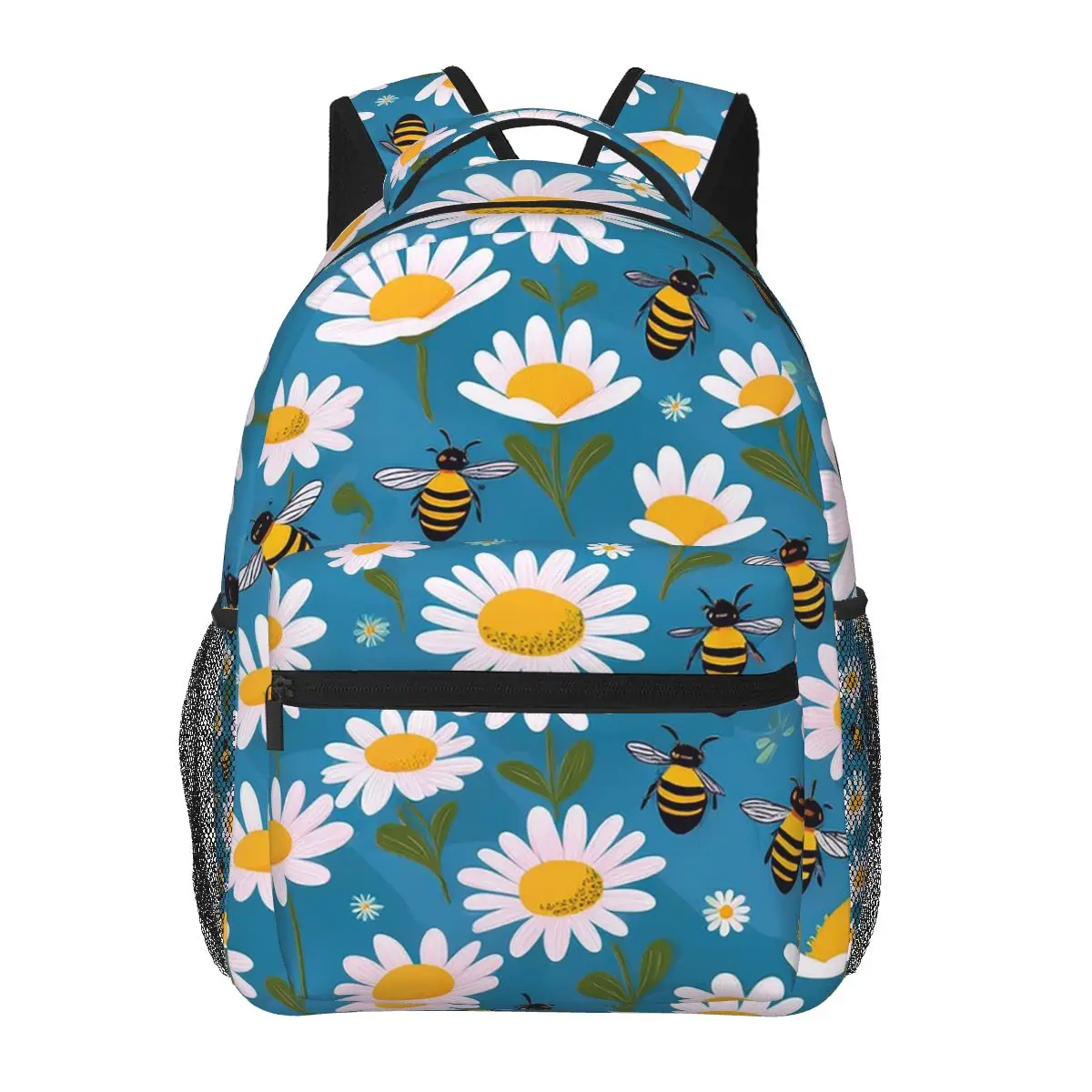 Cartoon Bee And Daisy In Blue Background Student Backpack School Bag Hiking Travel Daypack for Boys Girls Bookbag Shoulder Bags