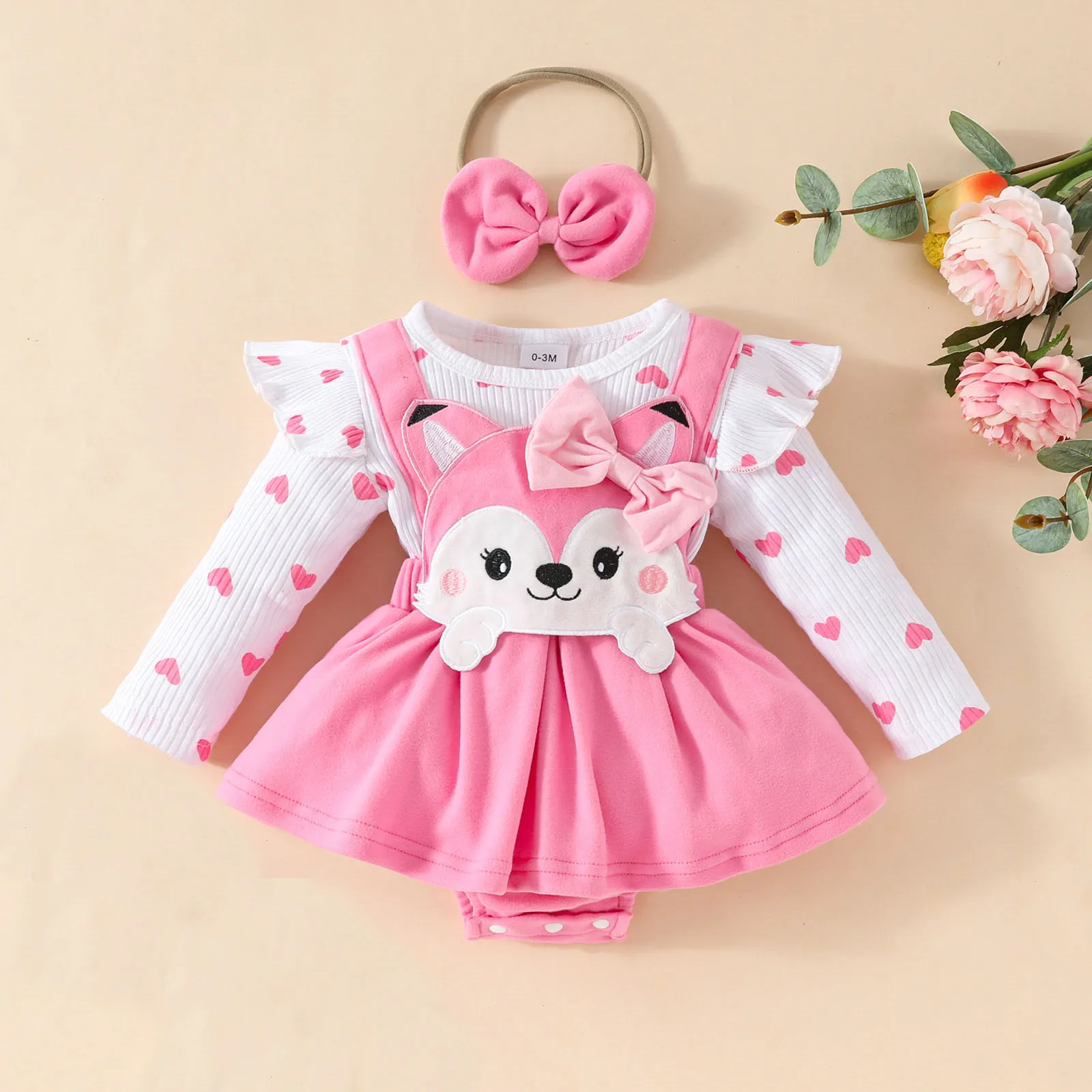 2024 Baby Bodysuit Cute Fox Applique Fake two pieces Suspender Dress with Headband Fleecing Infant Girl outfits