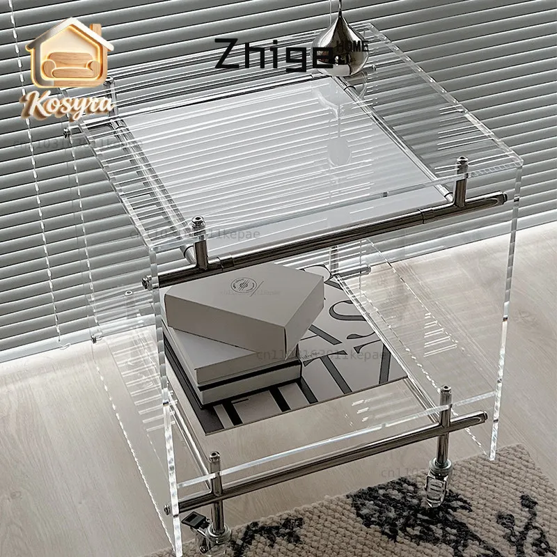 Custom design ins stainless steel acrylic trolley glass edge rack household simple mobile bedside table wine dining car