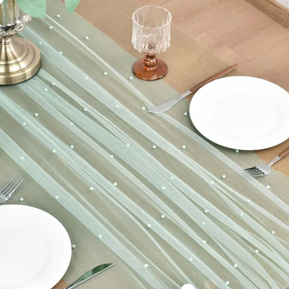 0.75*3 Meters Table Flag Pearl Tulle Gauze Mesh Table Runner Sheer Drapes Semi Transparent Pearl Chiffon Wedding Party
