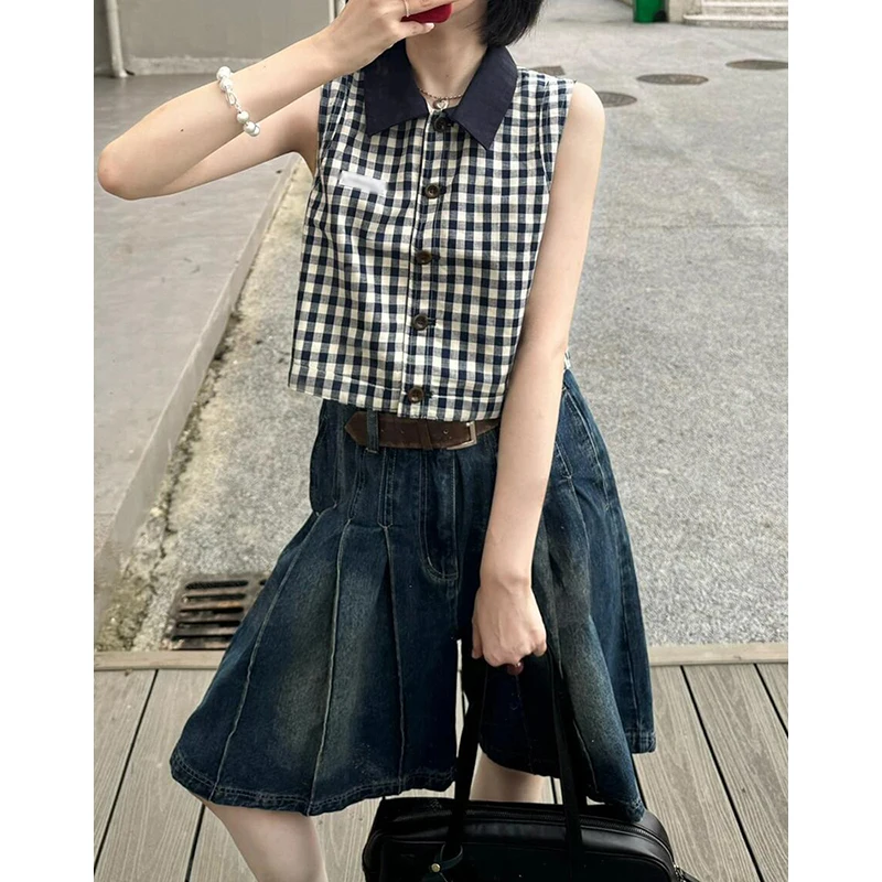 

PBAP Casual Plain Do Old Jeans Shorts Women Vintage Wash Low Rise Wide Leg Pleated Front Bermuda Pants Korean Summer Streetwear