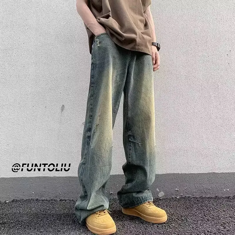 

Summer Casual Loose Straight Leg Jeans Men's Waed out Yellow Mud Color American High Street Sle Loose Fit Casual Long Tro...